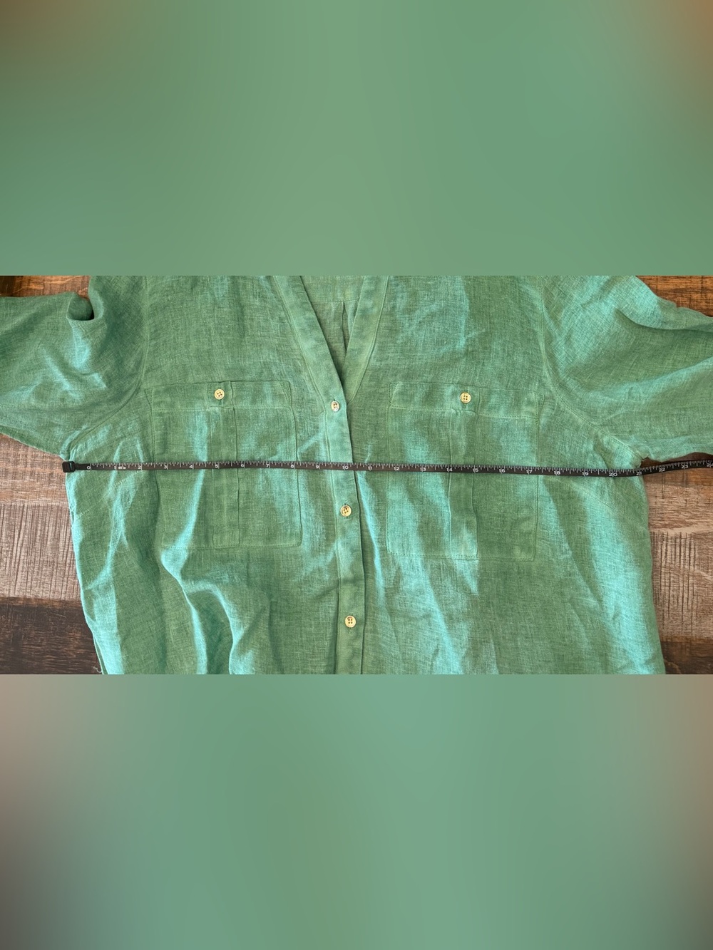 J Jill Love Linen 100% Linen green button down top with gold buttons size large - Picture 8 of 10